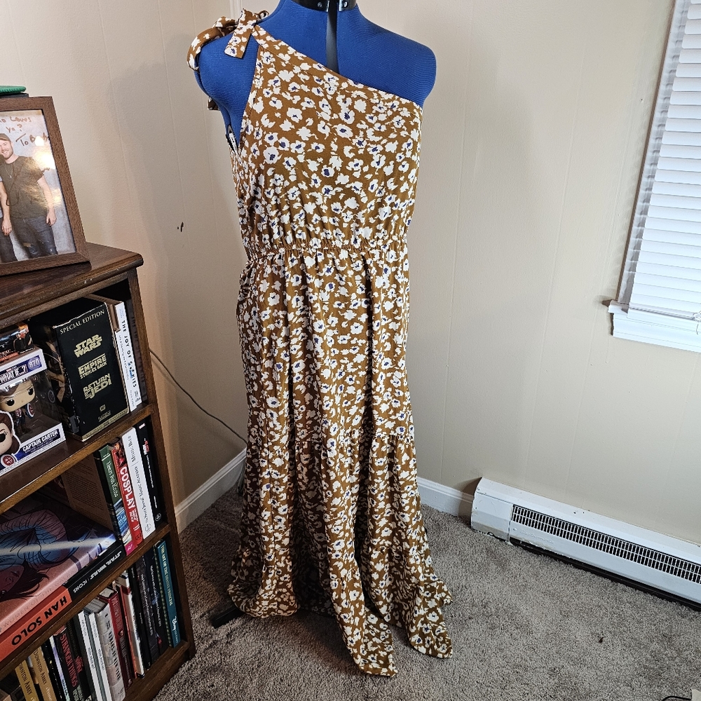 Pretty Garden One Shoulder Carmel Brown Floral Tiered Maxi Dress